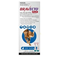 Bravecto Plus Spot On Medium Cat 2.8-6.25kg Blue 2 Pack 0.89ml X 2 Pipettes