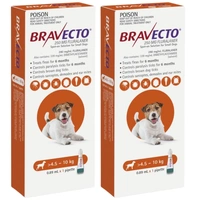 Bravecto Spot On Orange For Small Dogs 4.5-10kg 0.89ml X 2 Pipette (Note 2 Boxesx 1 Pipettes )